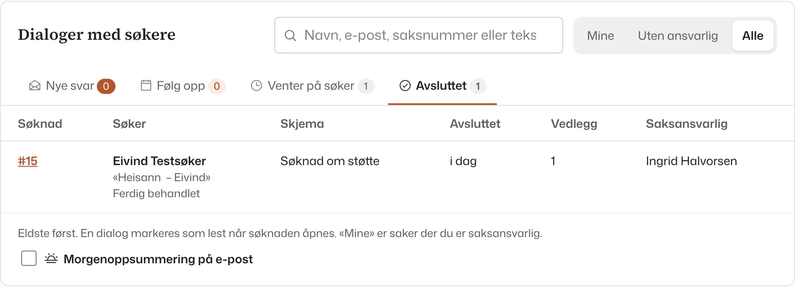 Oversikt over dialoger med faner for nye svar, følg opp, venter på søker og avsluttet